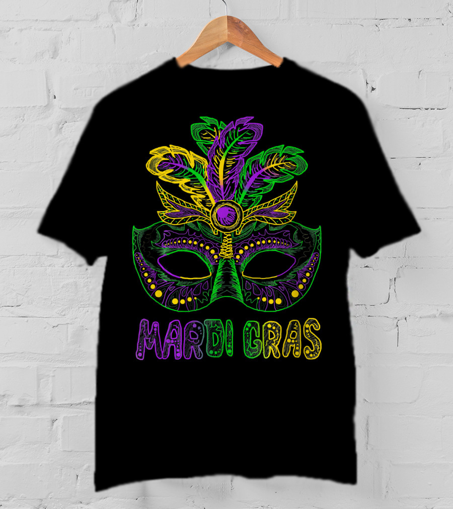 Mardi Gras Mask With Colorful Feather T-Shirt