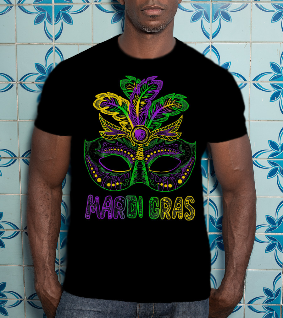 Mardi Gras Mask With Colorful Feather T-Shirt