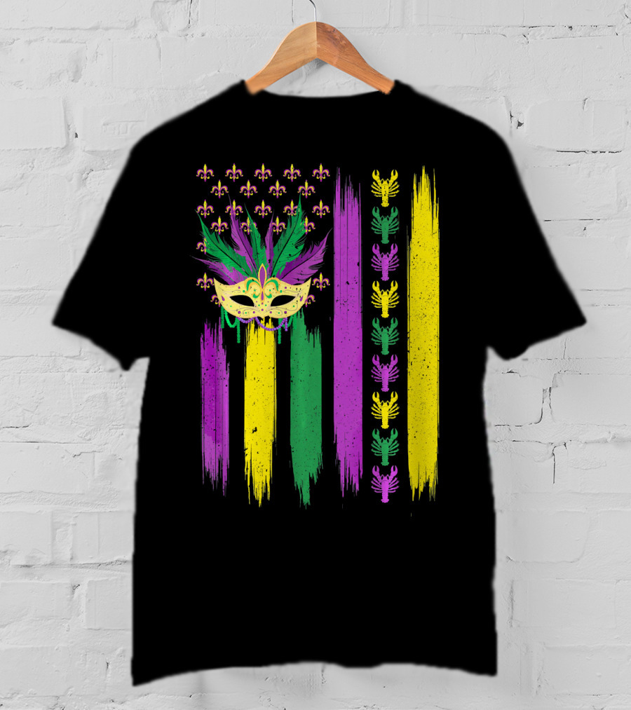 Crawfish Mask Mardi Gras Fleur-de-Lis American Flag Colors T-Shirt