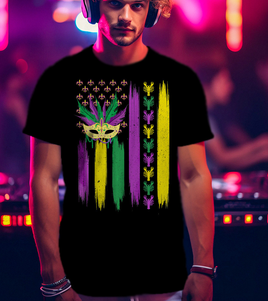 Crawfish Mask Mardi Gras Fleur-de-Lis American Flag Colors T-Shirt