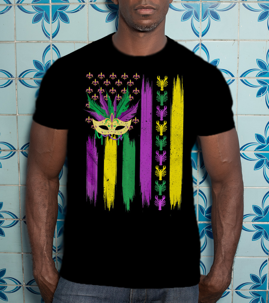 Crawfish Mask Mardi Gras Fleur-de-Lis American Flag Colors T-Shirt