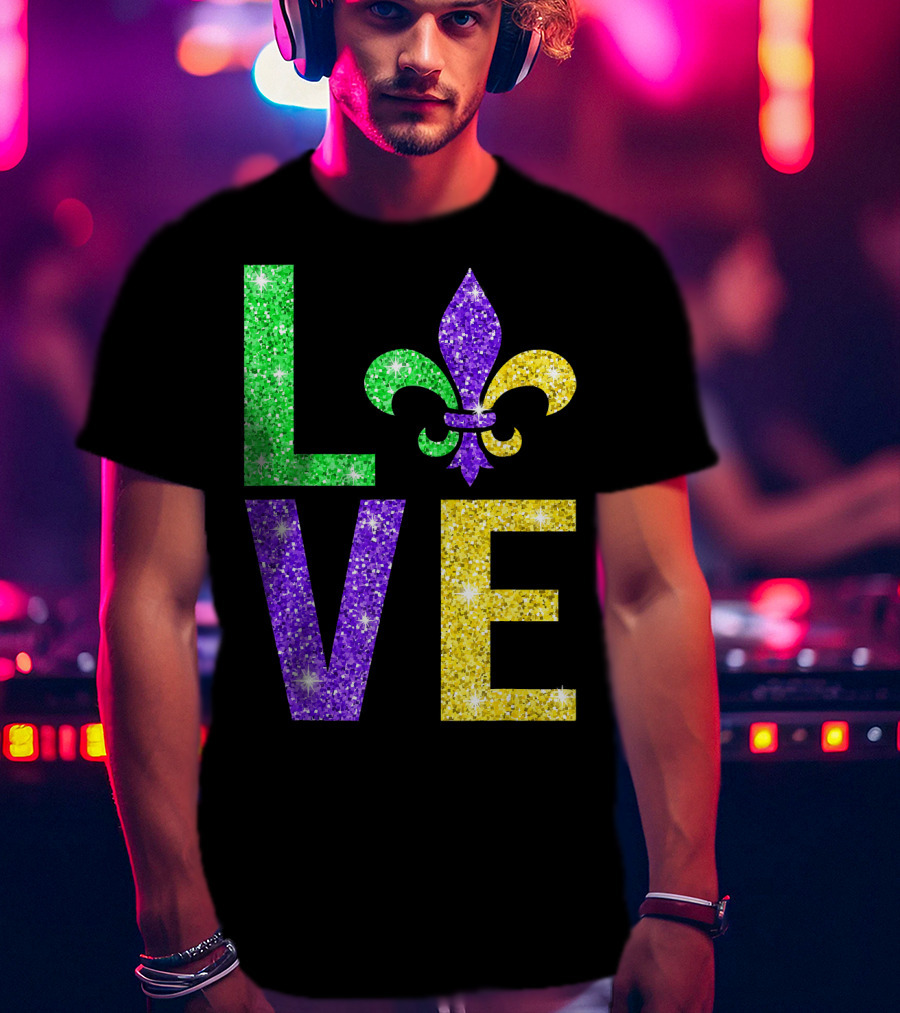 LOVE Fleur De Lys New Orleans Mardi Gras Glitter Colors T-Shirt