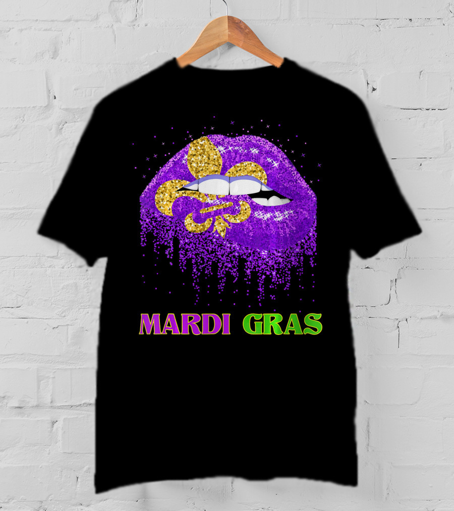 Mardi Gras Costume Funny Lips Glitter Fleur-de-lis T-Shirt
