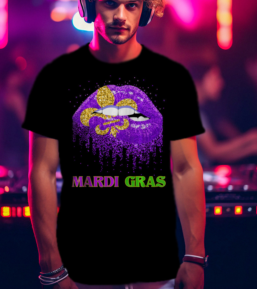 Mardi Gras Costume Funny Lips Glitter Fleur-de-lis T-Shirt