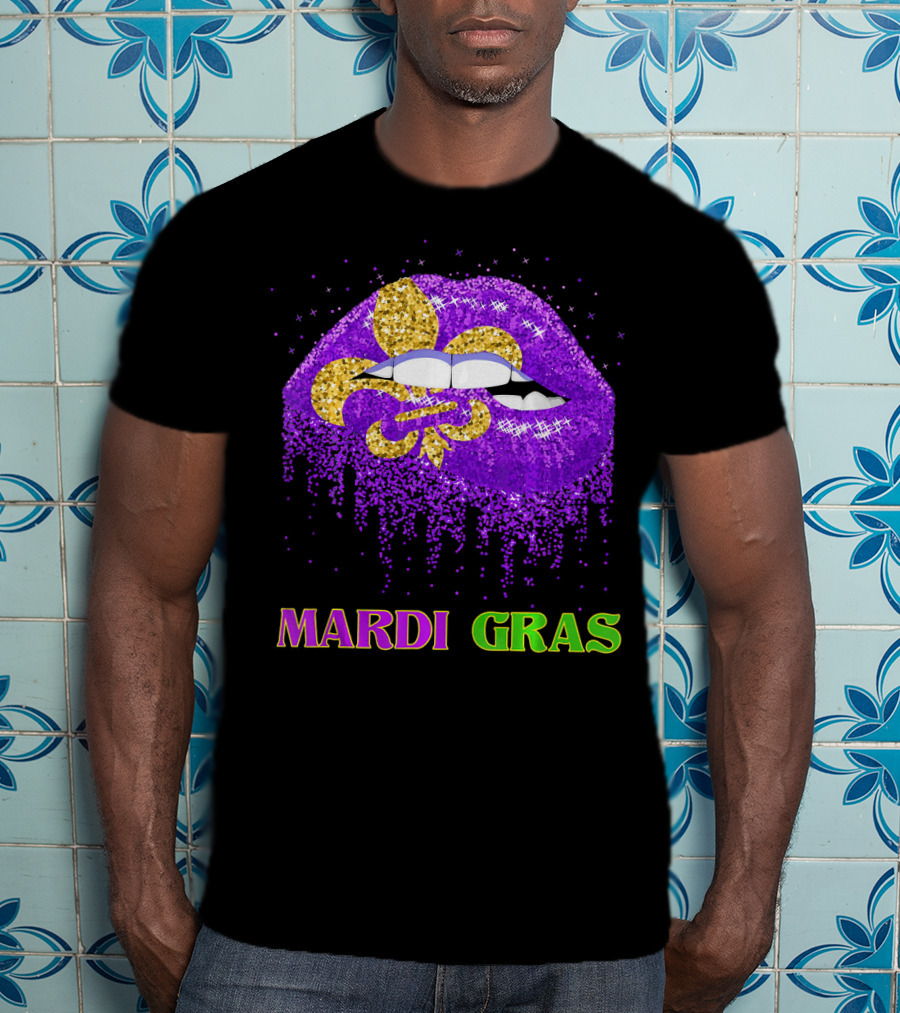 Mardi Gras Costume Funny Lips Glitter Fleur-de-lis T-Shirt