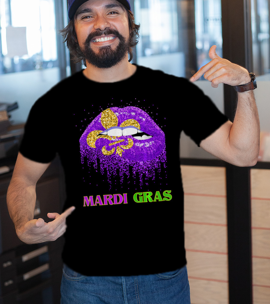 Mardi Gras Costume Funny Lips Glitter Fleur-de-lis T-Shirt