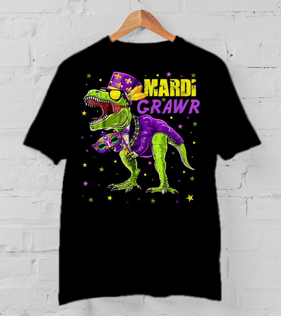 Kids Mardi Gras Dinosaur Mardi Grawr Rex Bea T-Shirt