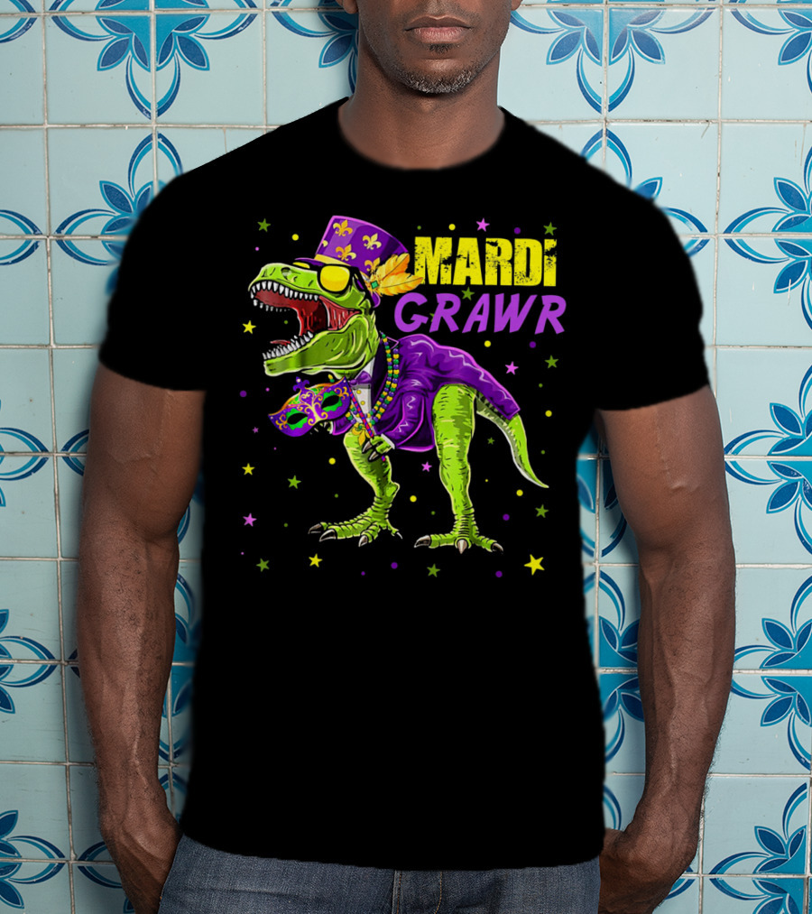 Kids Mardi Gras Dinosaur Mardi Grawr Rex Bea T-Shirt