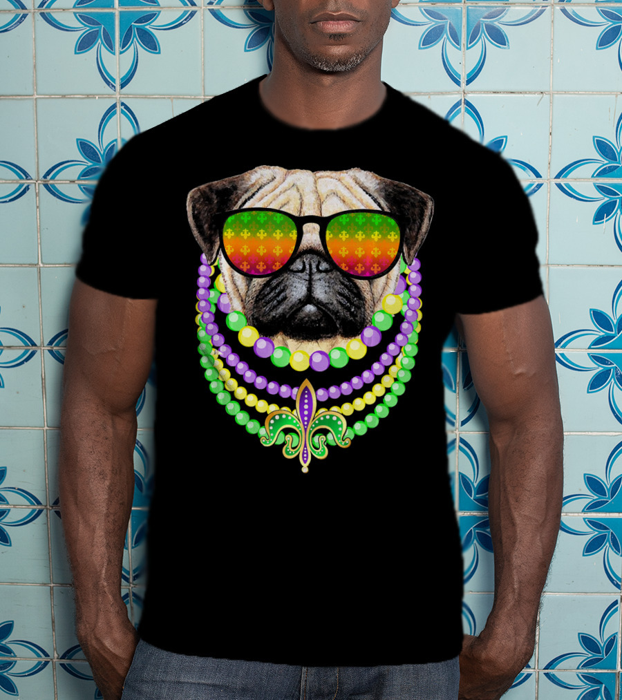 Pug With Beads And Sunglasses Fleur-de-Lis Mardi Gras T-Shirt