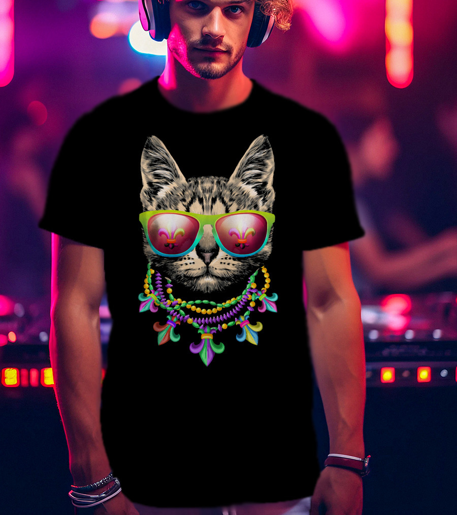Mardi Gras New Orleans Cat Wearing Funny Fleur-de-Lis Beads And Mask T-Shirt