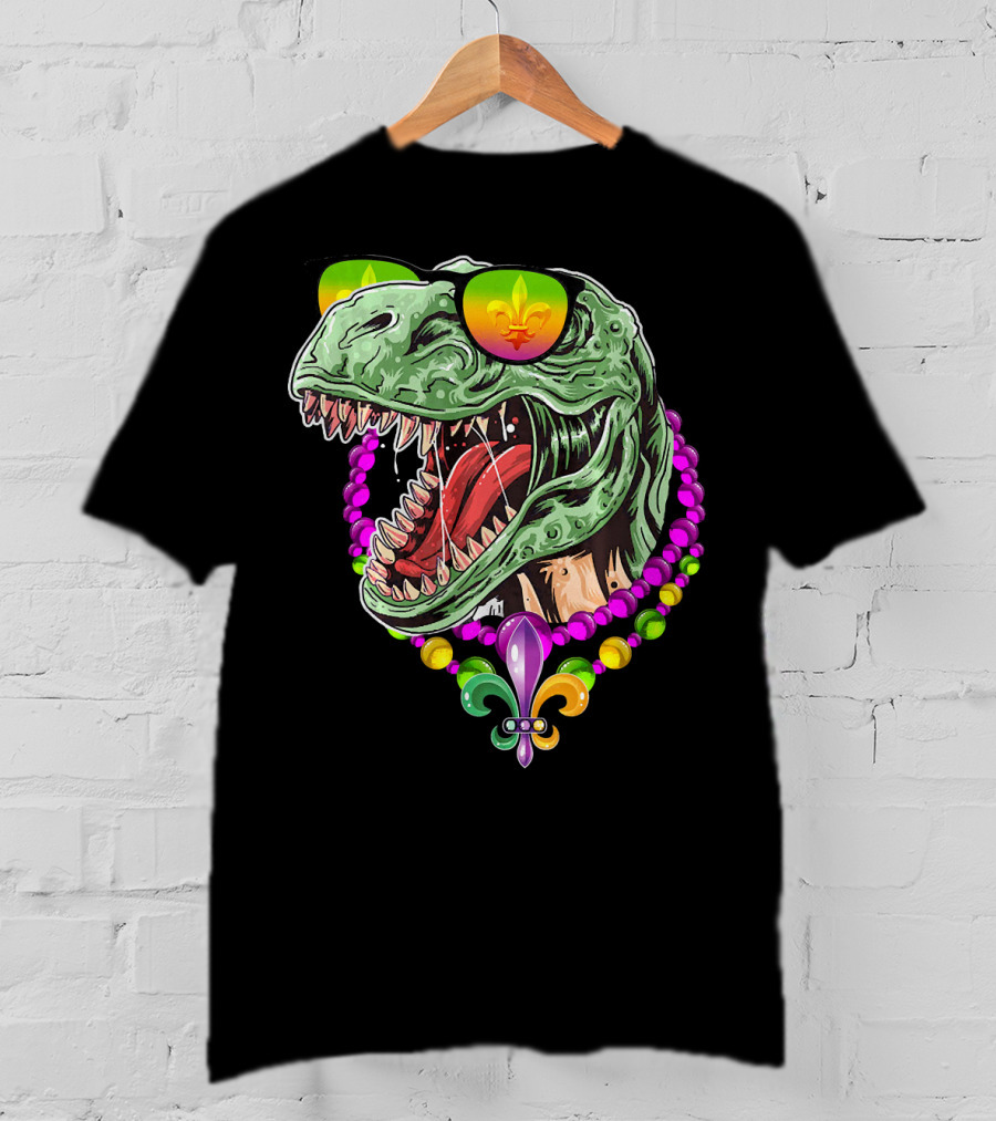 Dinosaur Rex Mardi Gras Beads With Fleur-de-Lis And Sunglasses T-Shirt