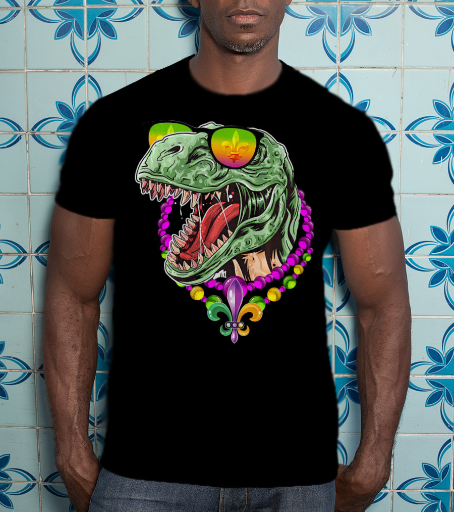 Dinosaur Rex Mardi Gras Beads With Fleur-de-Lis And Sunglasses T-Shirt