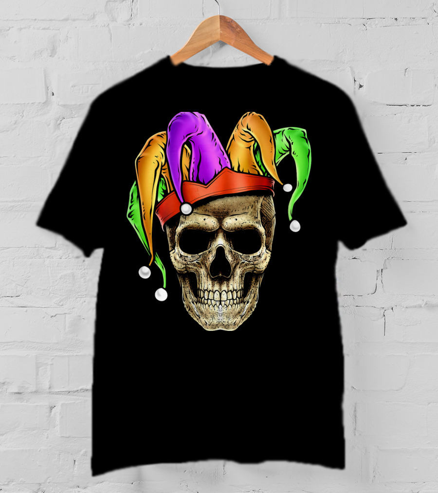 Skull Face Mardi Gras Jester Joker Colorful Hat T-Shirt