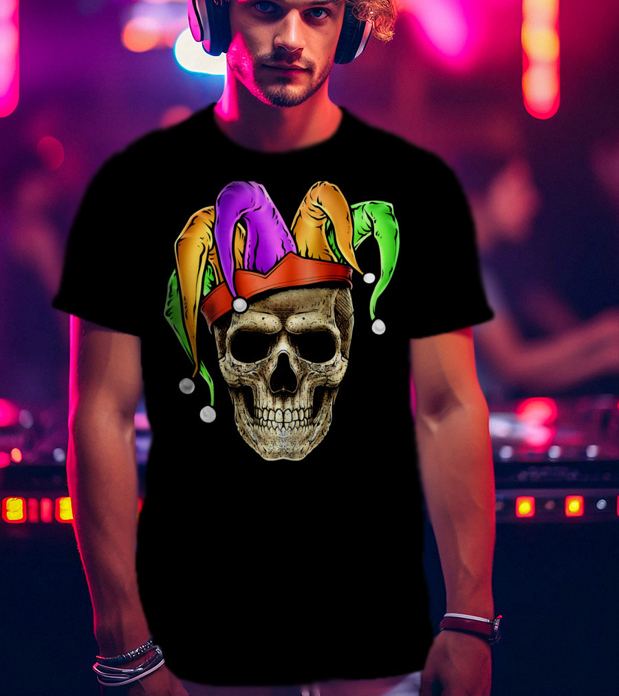 Skull Face Mardi Gras Jester Joker Colorful Hat T-Shirt