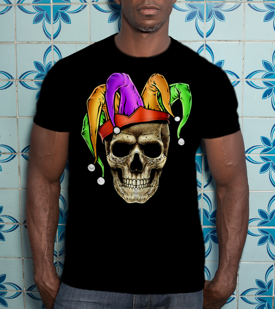 Skull Face Mardi Gras Jester Joker Colorful Hat T-Shirt