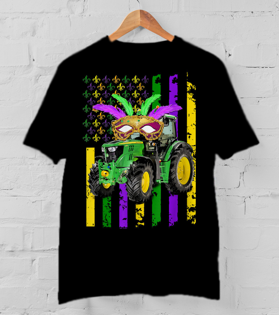 Mardi Gras Mask Tractor With Fleur-de-Lis And American Flag Colors T-Shirt