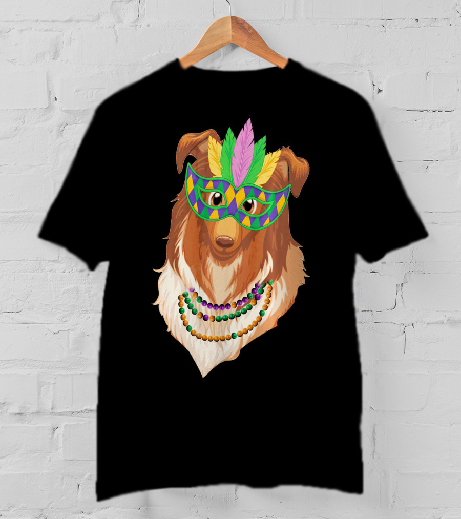 Collie Wearing Mardi Gras Mask And Beads T-Shirt
