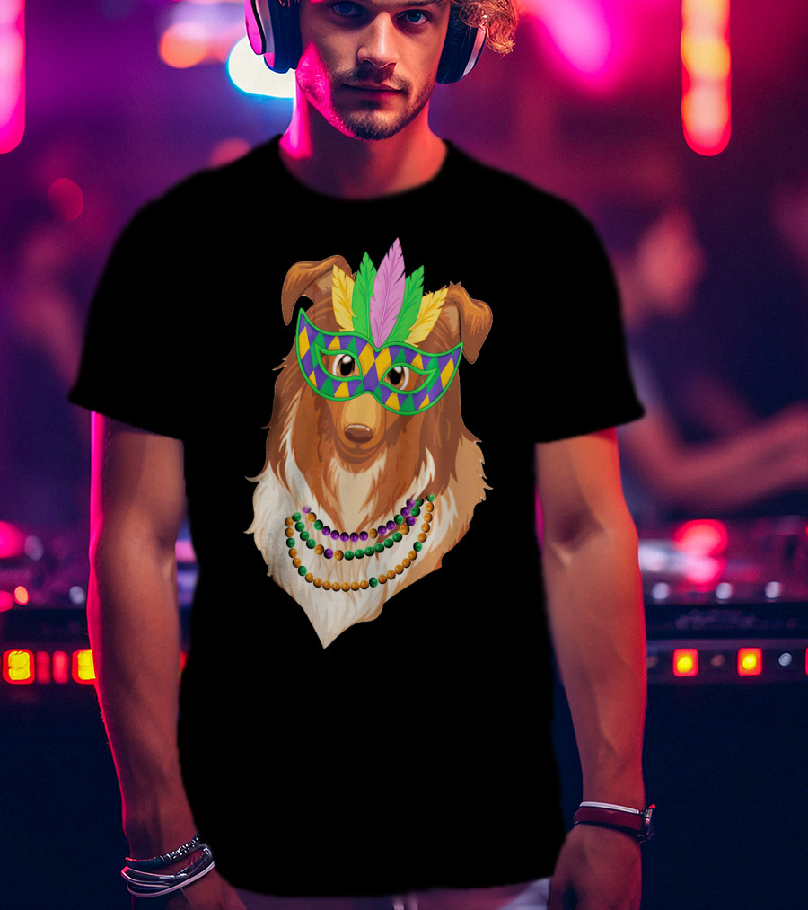 Collie Wearing Mardi Gras Mask And Beads T-Shirt