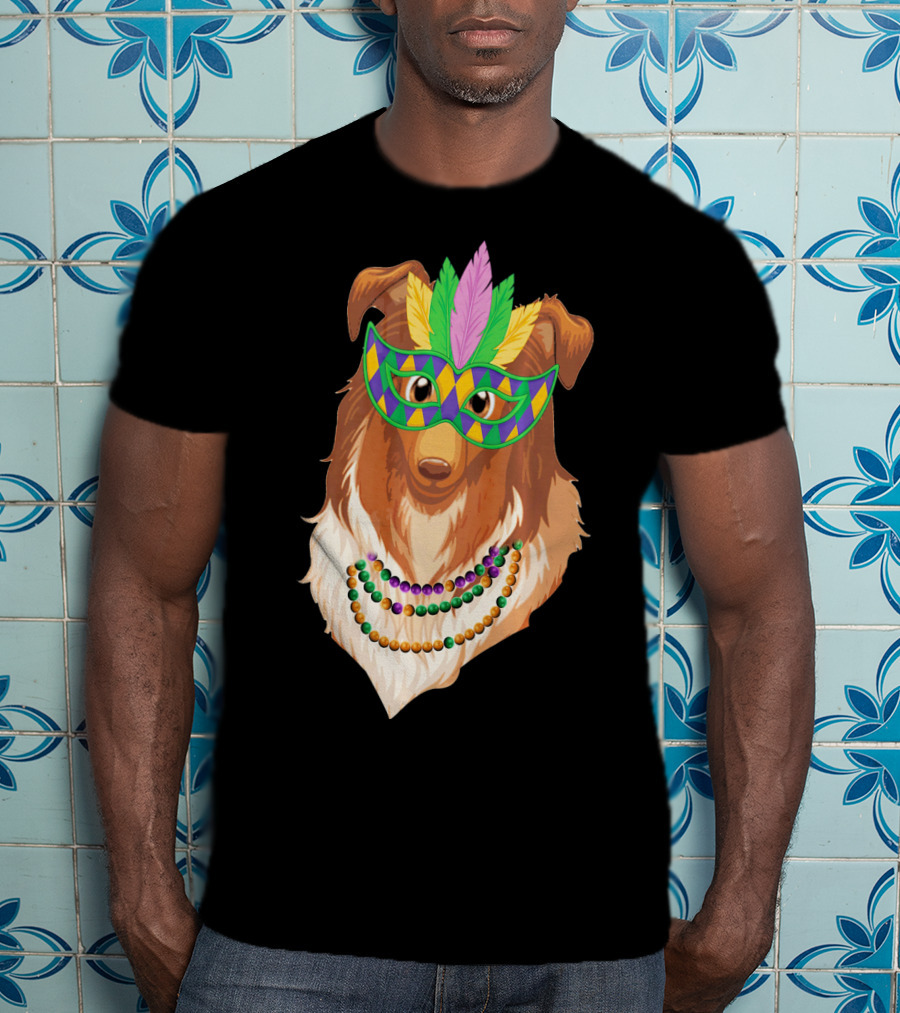Collie Wearing Mardi Gras Mask And Beads T-Shirt
