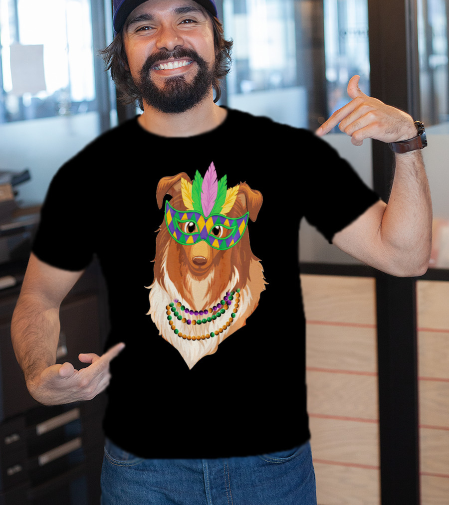 Collie Wearing Mardi Gras Mask And Beads T-Shirt