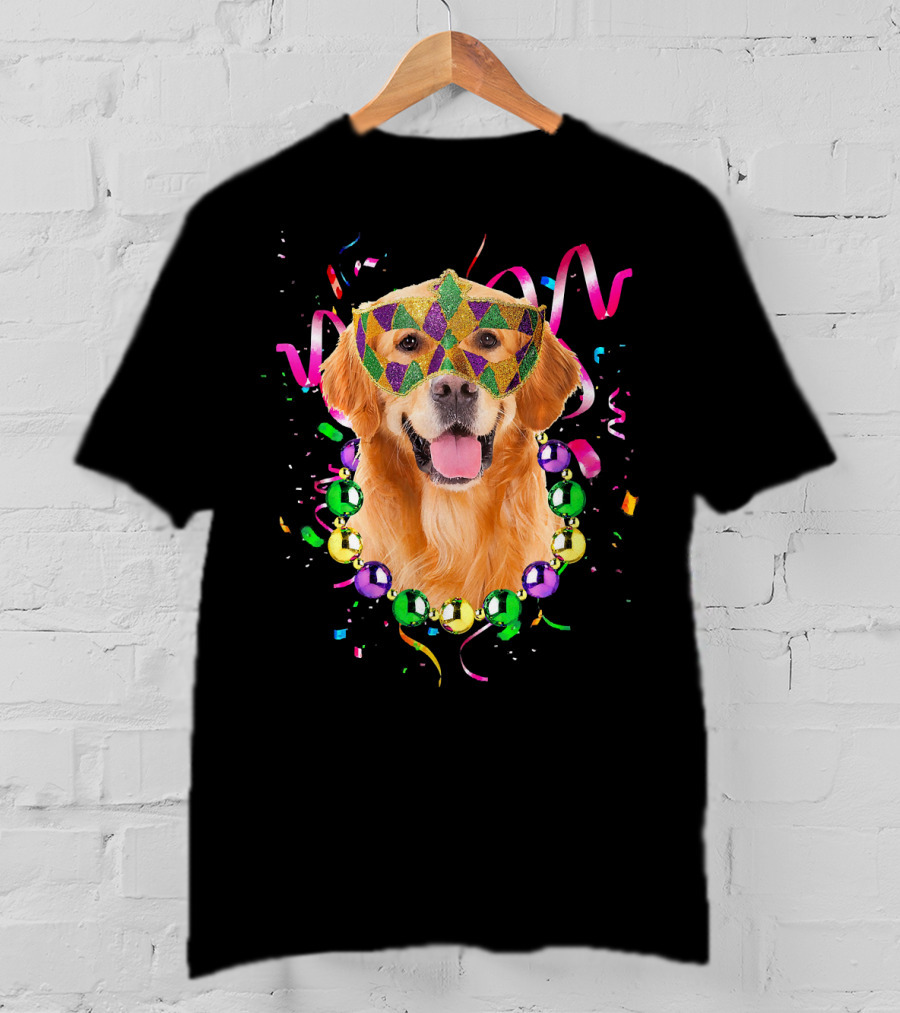 Golden Retriever Mardi Gras Mask And Beads T-Shirt