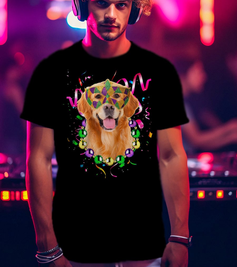 Golden Retriever Mardi Gras Mask And Beads T-Shirt