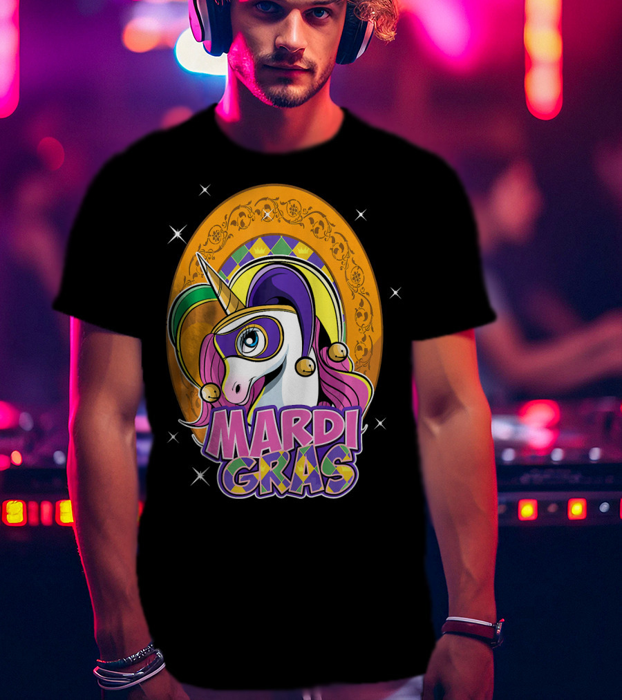 Mardi Gras Unicorn Mask Jester With Colorful Headpiece And Stars T-Shirt