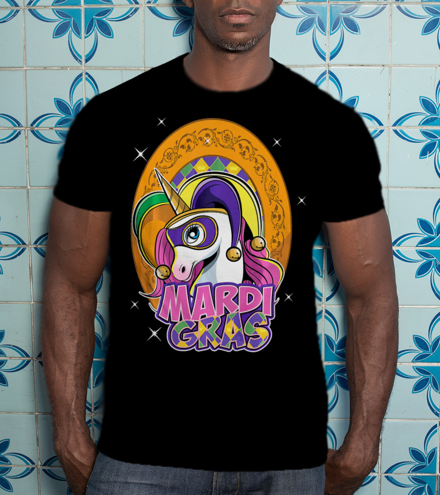 Mardi Gras Unicorn Mask Jester With Colorful Headpiece And Stars T-Shirt