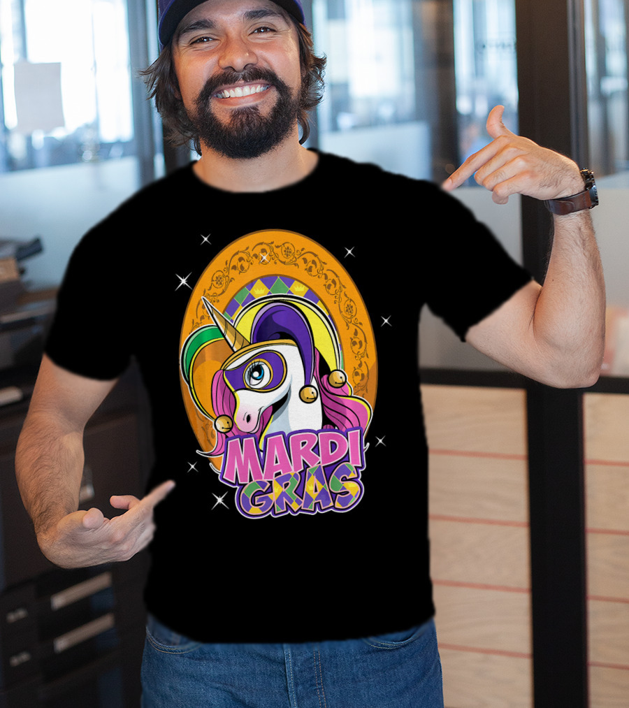 Mardi Gras Unicorn Mask Jester With Colorful Headpiece And Stars T-Shirt