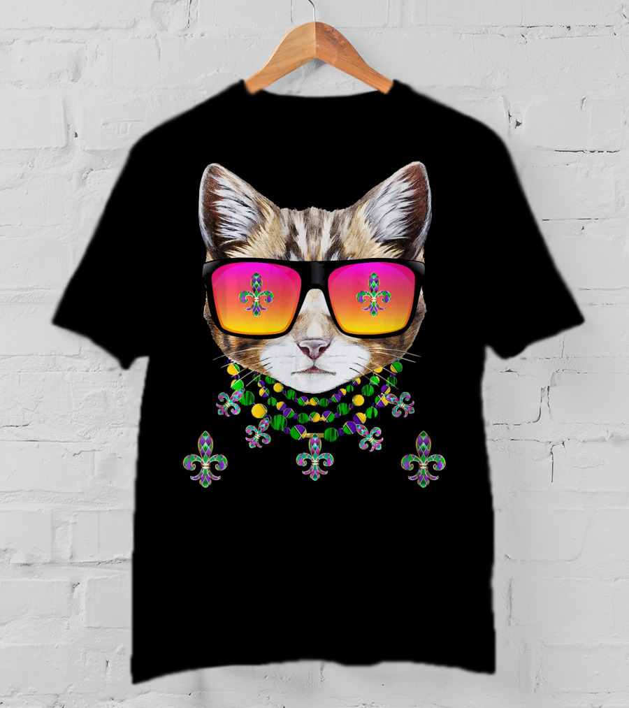 Mardi Gras Cat With Beads And Sunglasses Fleur-de-lis Icons T-Shirt