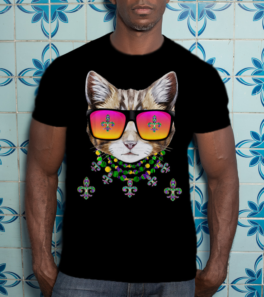Mardi Gras Cat With Beads And Sunglasses Fleur-de-lis Icons T-Shirt