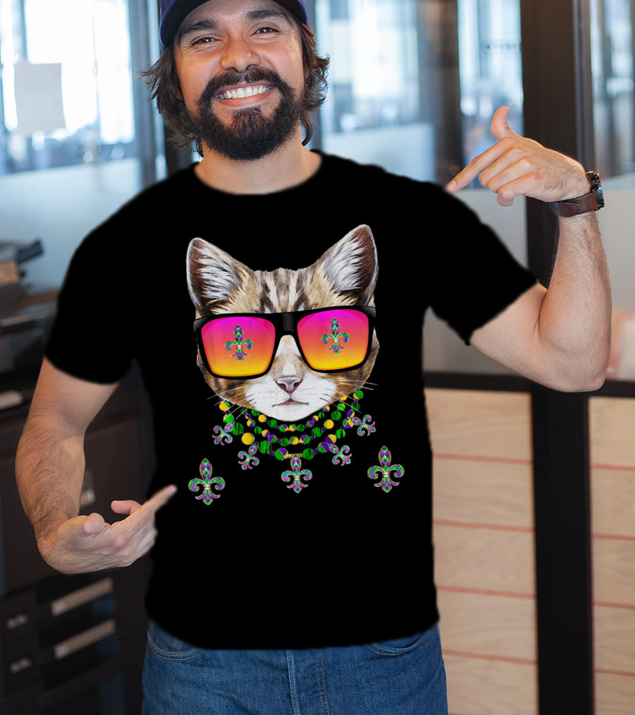 Mardi Gras Cat With Beads And Sunglasses Fleur-de-lis Icons T-Shirt