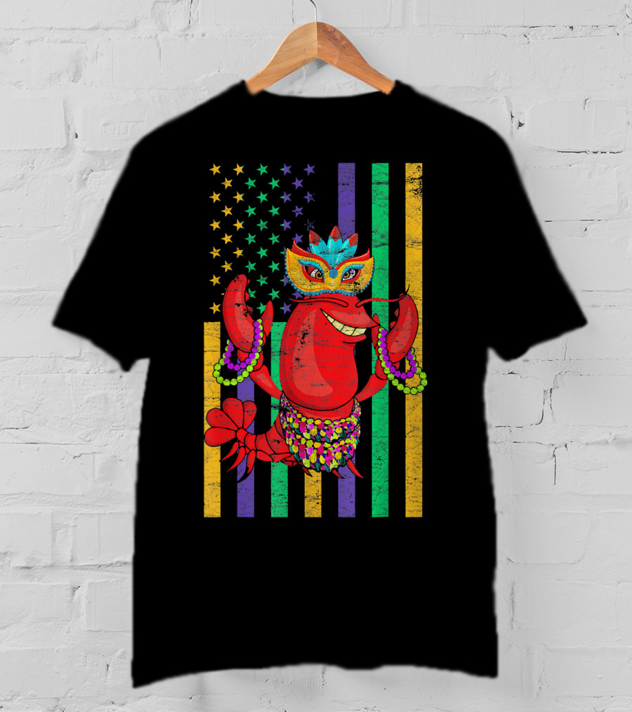 Funny Mardi Gras Crawfish In Bead Jester Hat With Colorful Star Stripes T-Shirt