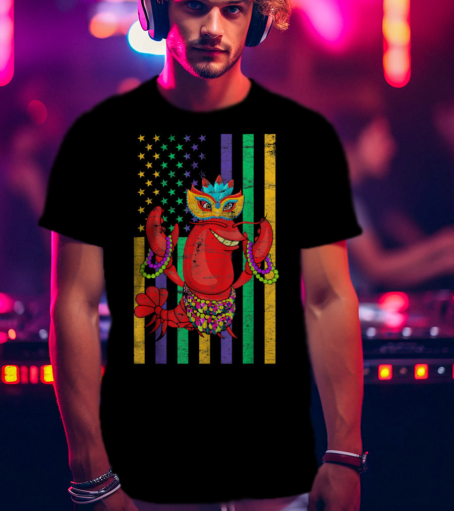 Funny Mardi Gras Crawfish In Bead Jester Hat With Colorful Star Stripes T-Shirt