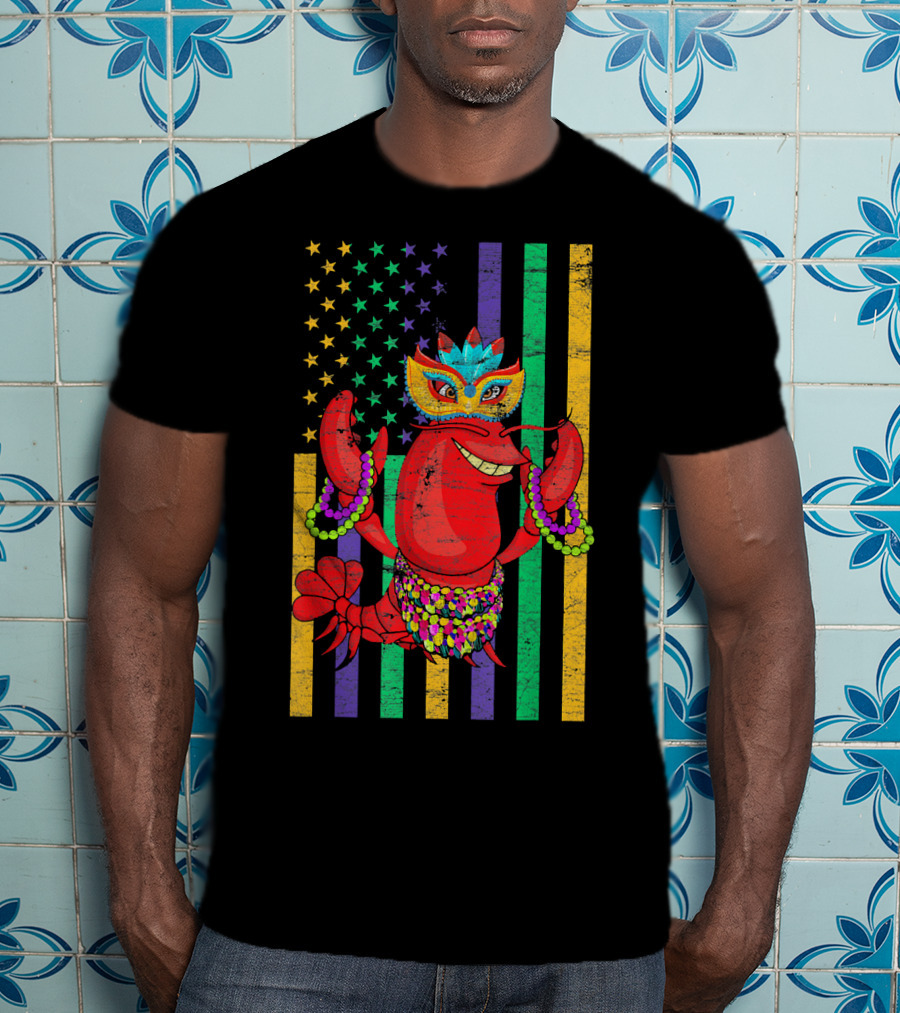 Funny Mardi Gras Crawfish In Bead Jester Hat With Colorful Star Stripes T-Shirt