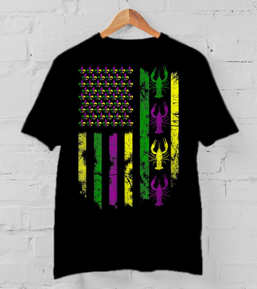 Mardi Gras Fleur-de-Lis Crawfish Flag In Purple Green Gold T-Shirt