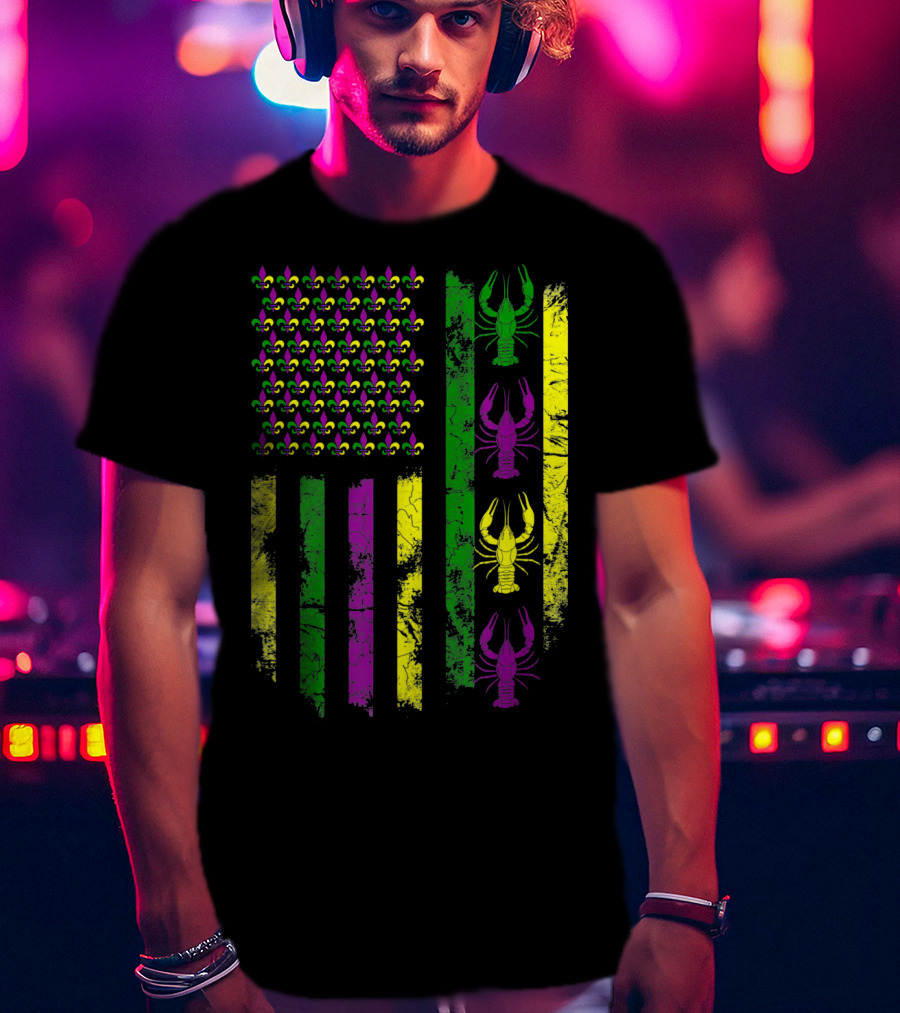 Mardi Gras Fleur-de-Lis Crawfish Flag In Purple Green Gold T-Shirt