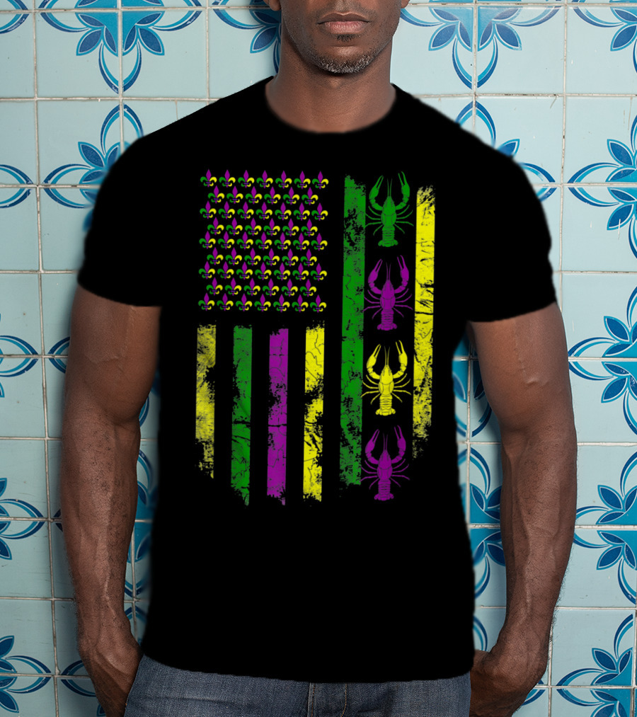 Mardi Gras Fleur-de-Lis Crawfish Flag In Purple Green Gold T-Shirt