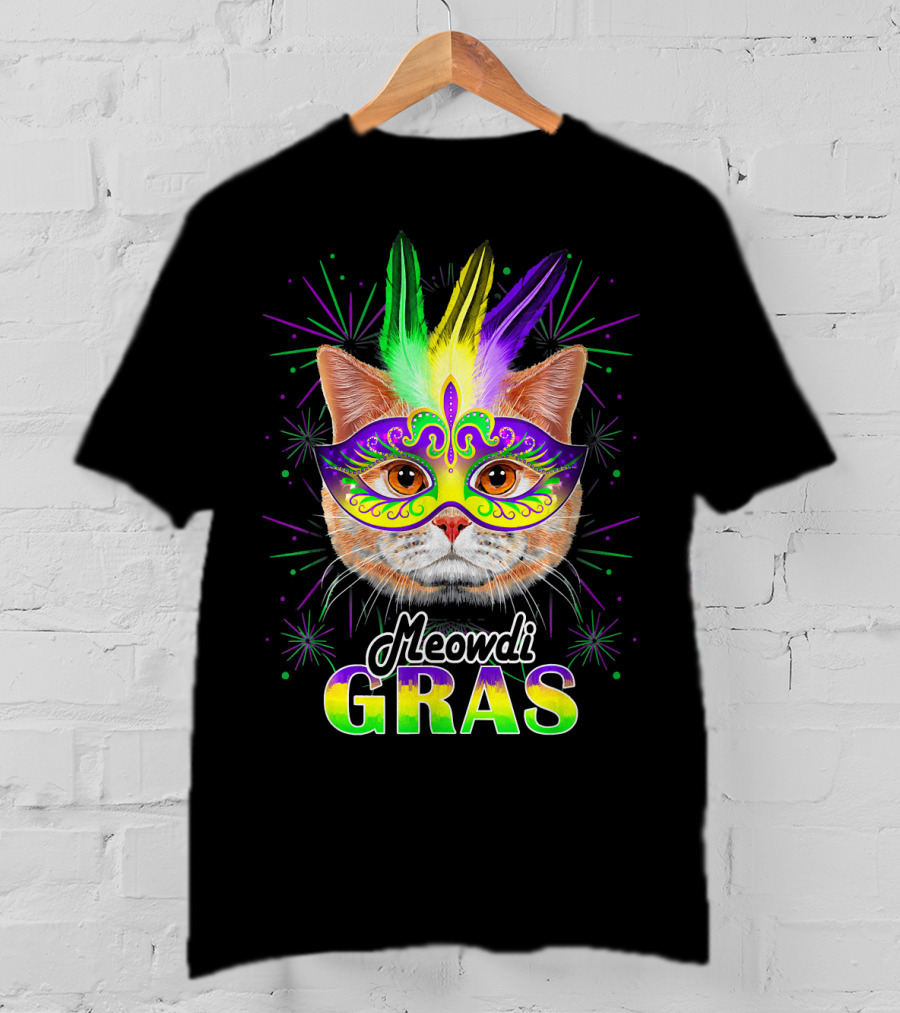 Meowdi Gras Mardi Gras Cat With Colorful Mask And Feathers T-Shirt
