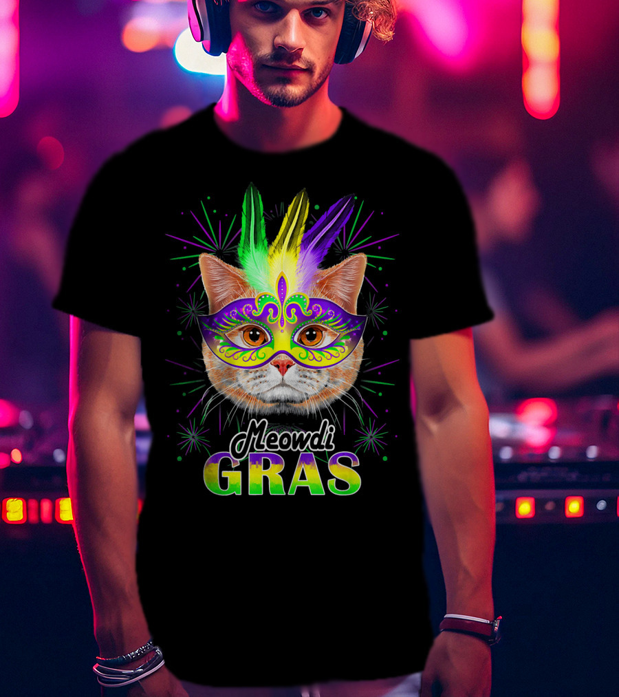 Meowdi Gras Mardi Gras Cat With Colorful Mask And Feathers T-Shirt