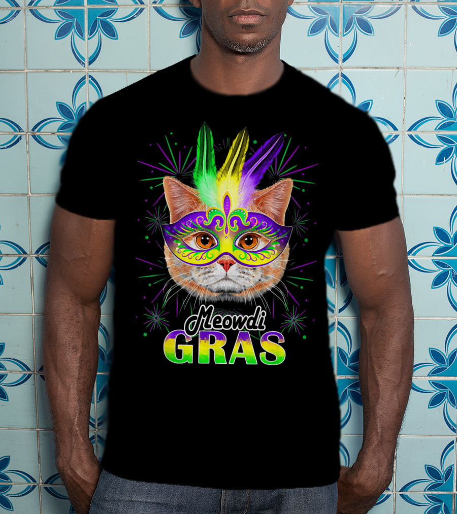 Meowdi Gras Mardi Gras Cat With Colorful Mask And Feathers T-Shirt