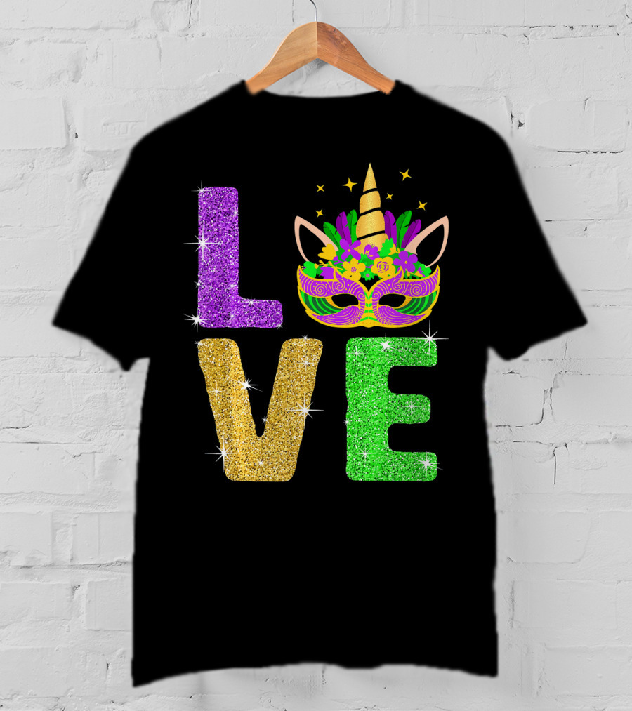 Unicorn Masquerade Mask Mardi Gras Love T-Shirt