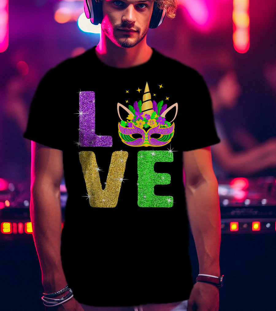 Unicorn Masquerade Mask Mardi Gras Love T-Shirt