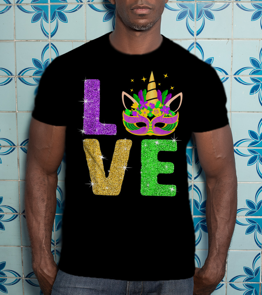 Unicorn Masquerade Mask Mardi Gras Love T-Shirt