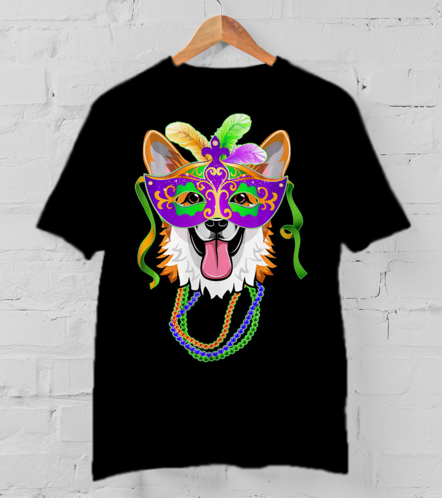 Mardi Gras Corgi Mask With Colorful Beads And Feathers T-Shirt