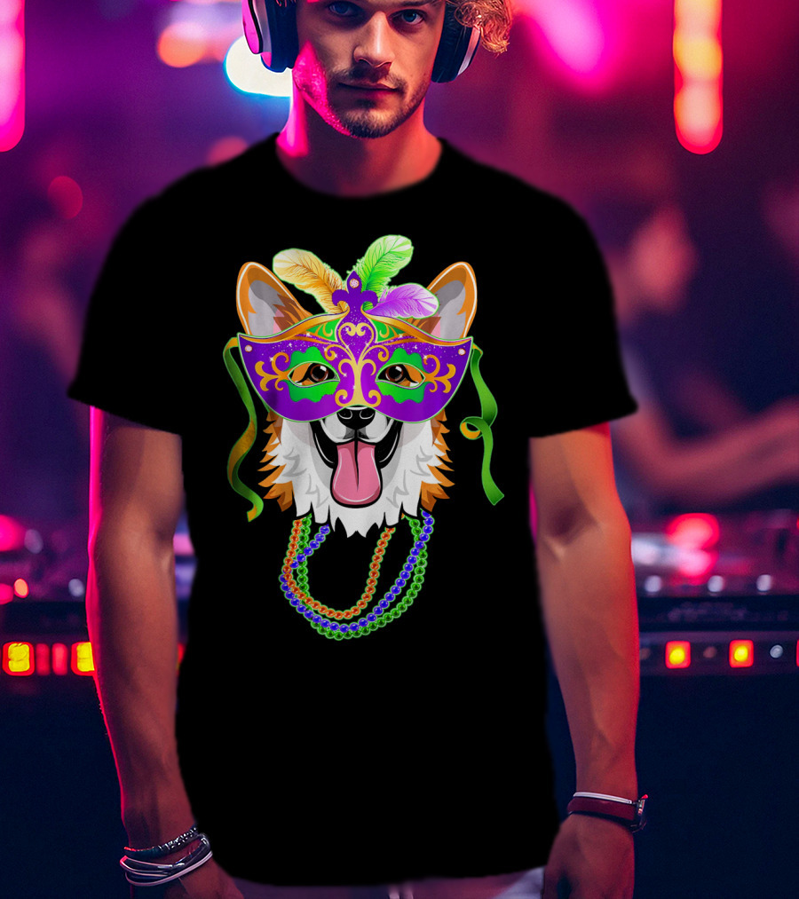 Mardi Gras Corgi Mask With Colorful Beads And Feathers T-Shirt