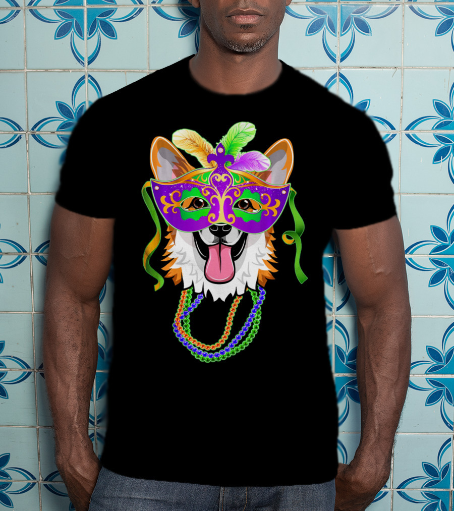 Mardi Gras Corgi Mask With Colorful Beads And Feathers T-Shirt