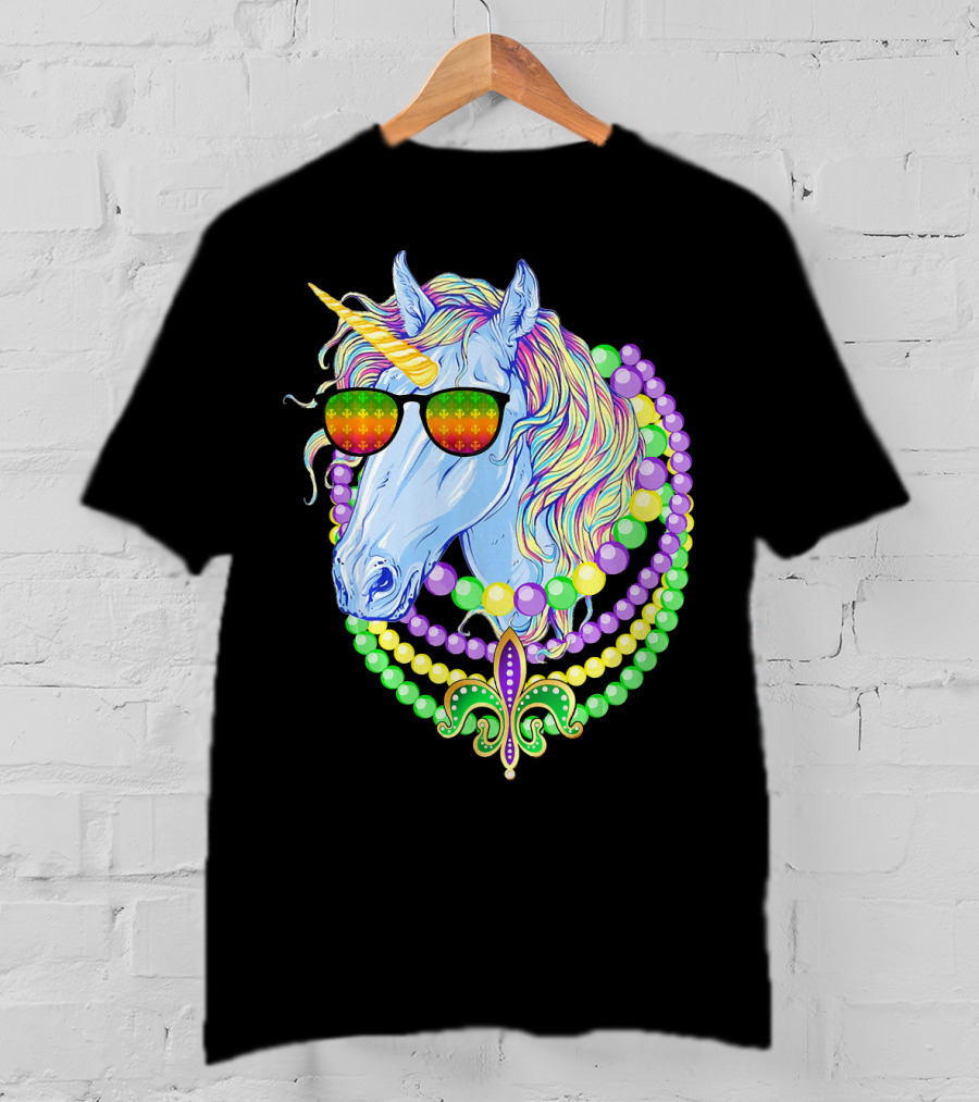 Unicorn With Sunglasses And Colorful Beads Featuring Fleur-de-Lis For Mardi Gras T-Shirt