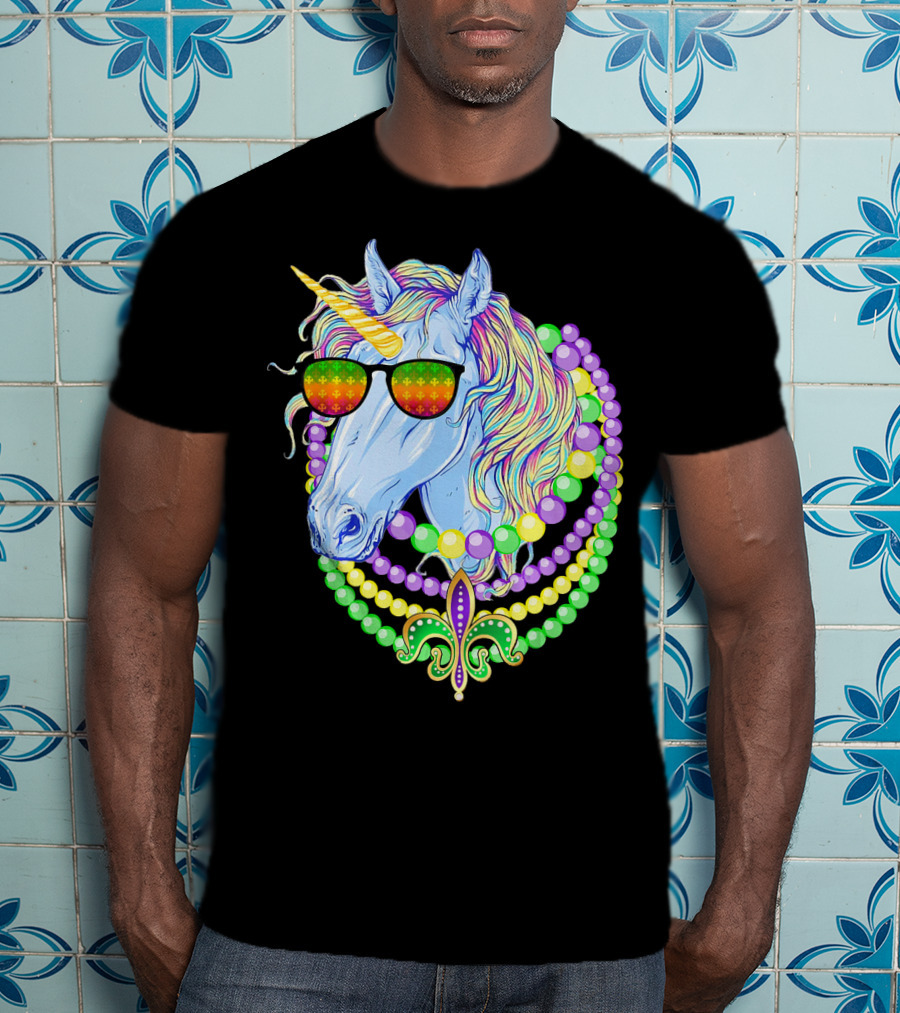 Unicorn With Sunglasses And Colorful Beads Featuring Fleur-de-Lis For Mardi Gras T-Shirt