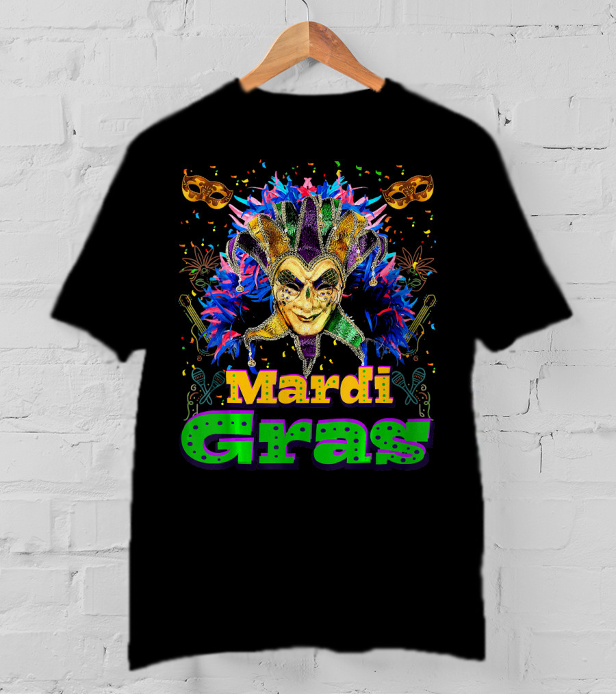 Mardi Gras New Orleans Mask Bead Colorful Jester Carnival T-Shirt